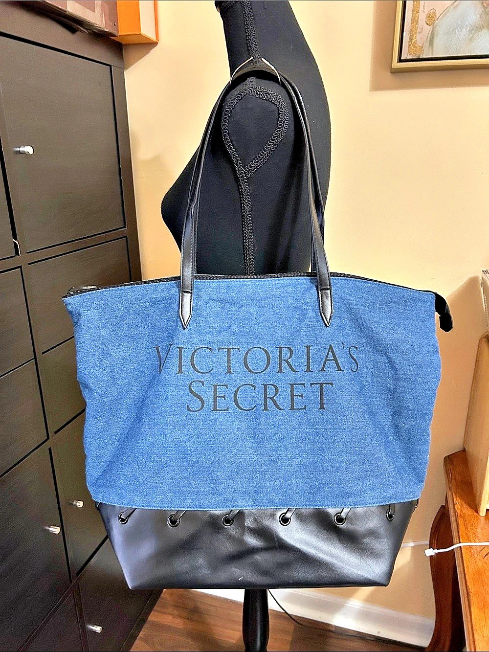 Victoria's Secret Denim & Black Faux Leather Tote